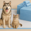 Dog and cat sitting on a stack of blue pet pads with a beige background