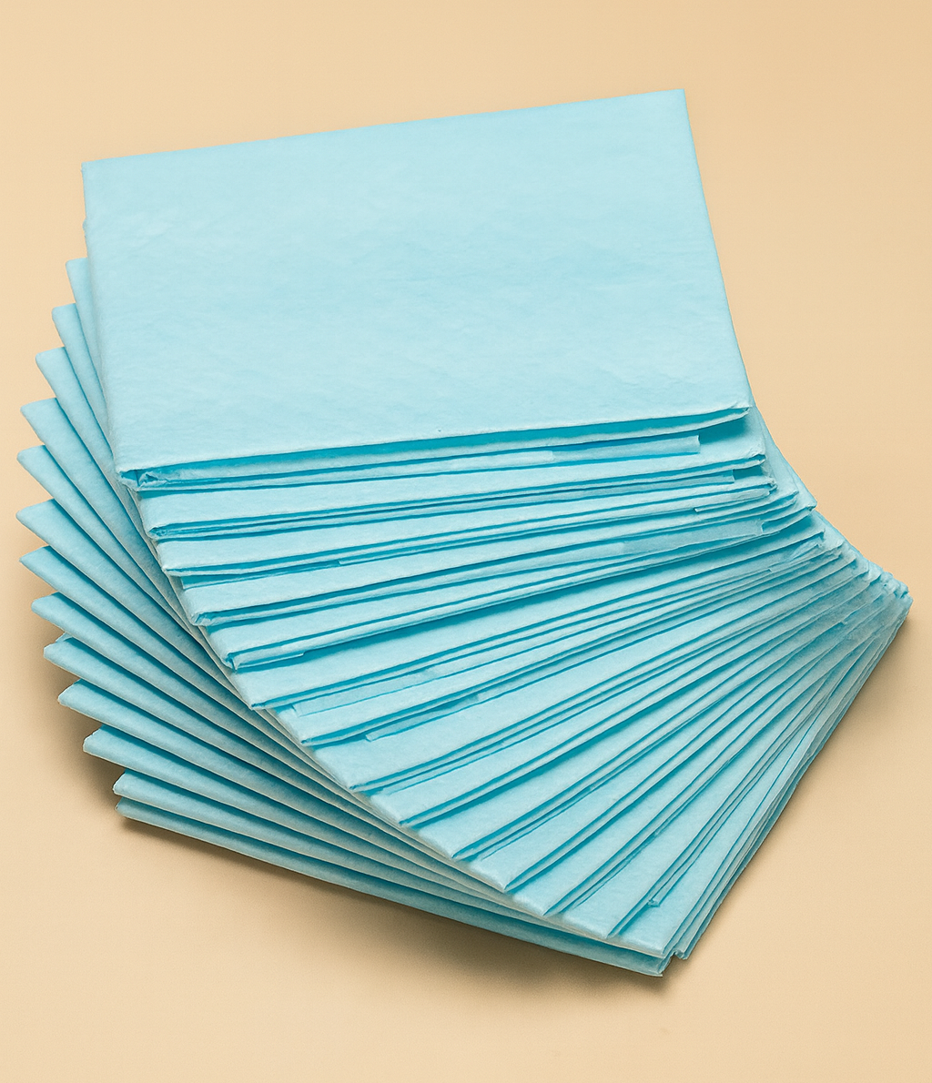 Stack of blue cleaning cloths on a beige background
