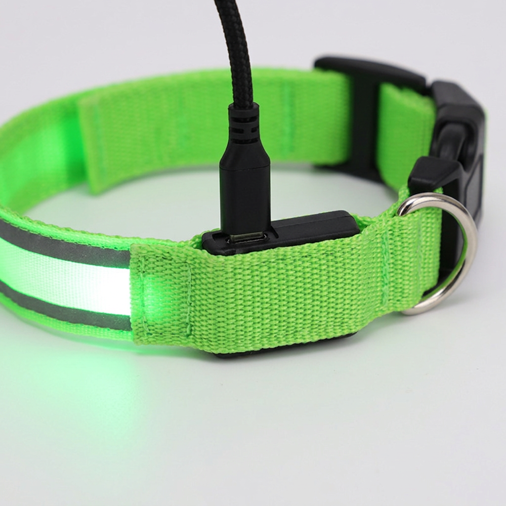 A bright green LED dog collar with reflective stripes, a black plastic buckle, a metal ring, and a power cable connected to a USB port on the front.