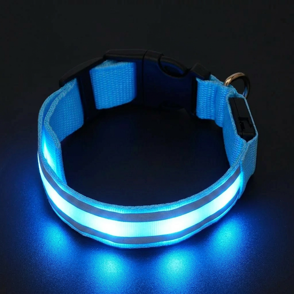 A glowing LED pet collar with a white reflective band, black plastic buckle, and white light controller, shown on a dark reflective surface.