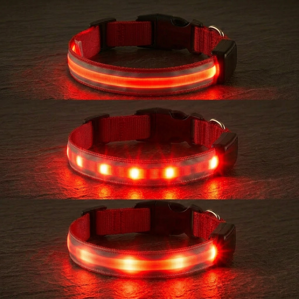 Three stacked views of a red reflective dog collar with illuminated LED light modes: steady glow, fast flash for traffic, slow flash for parks , shown on a dark textured surface.