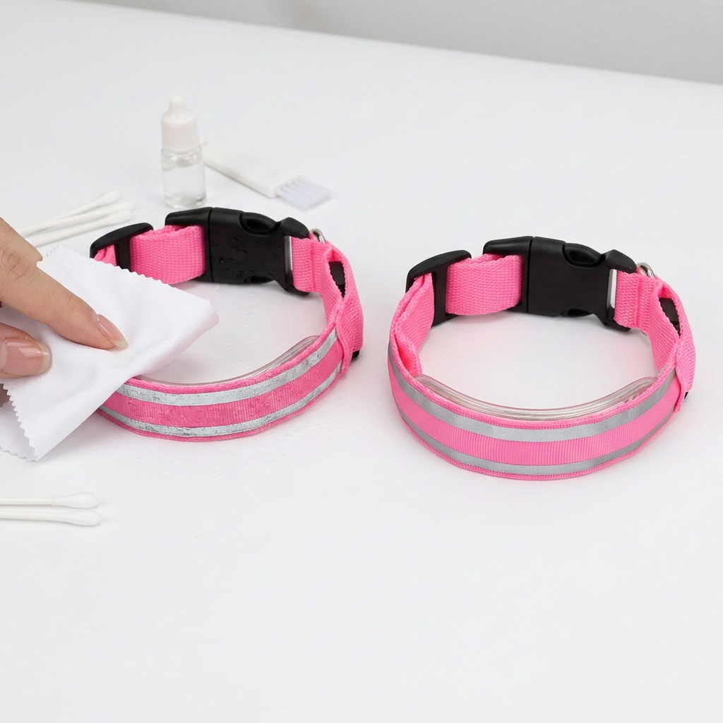 Two pink reflective dog collars with black plastic buckles on a white surface, with one collar being wiped with a white cloth by a person's hand. Cotton swabs, a small bottle, and a tube are visible in the background.