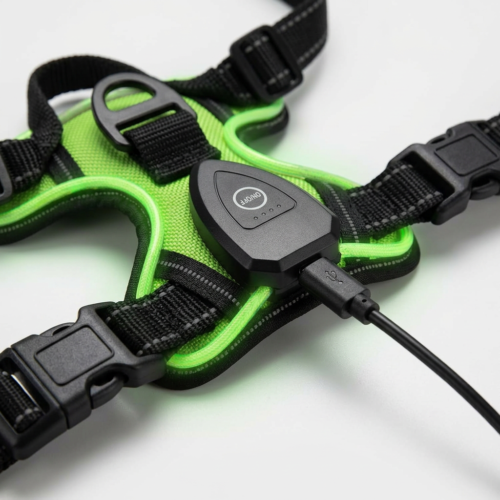 A close-up of a bright green and black dog harness with an attached black electronic transmitter and cable, photographed on a clean white background.
