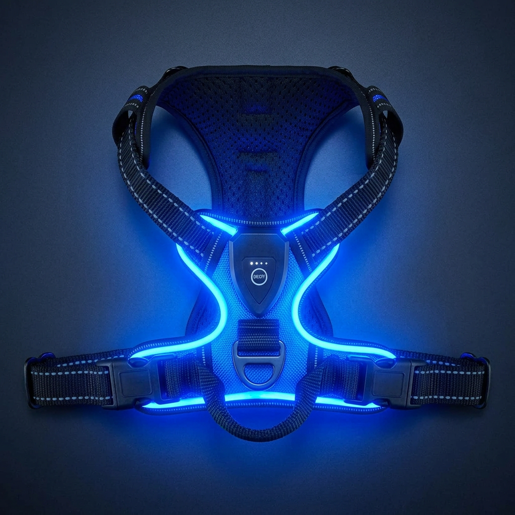 A black pet harness with integrated blue LED light strips, shown against a dark blue background.