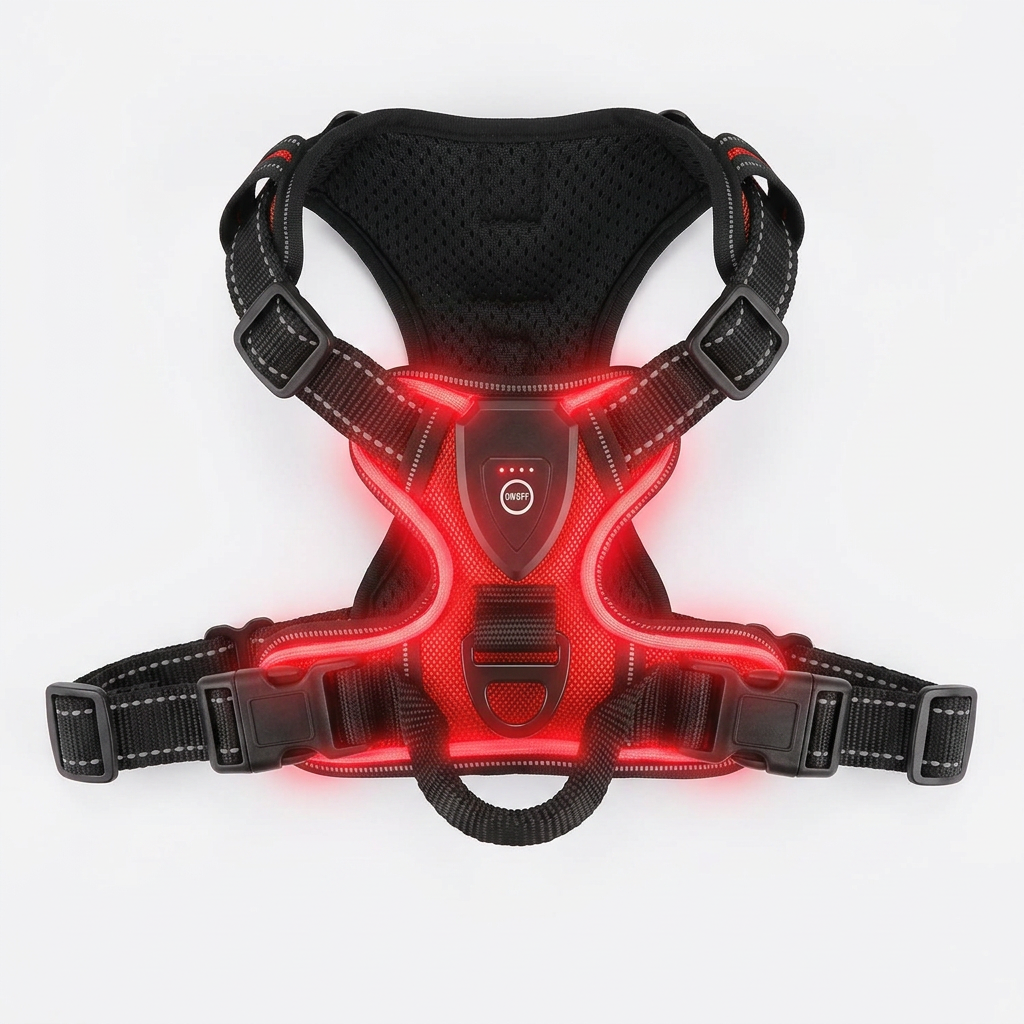 A black pet harness with integrated red LED light strips, shown against a plain white background. The harness features a breathable mesh back, adjustable black plastic buckles, and a central control panel with a small red LED display.