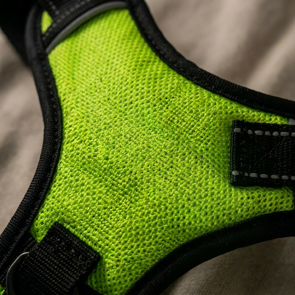 Close-up of a bright neon green mesh pet harness with black trim and a black hook-and-loop strap closure, shown against a soft beige fabric background.