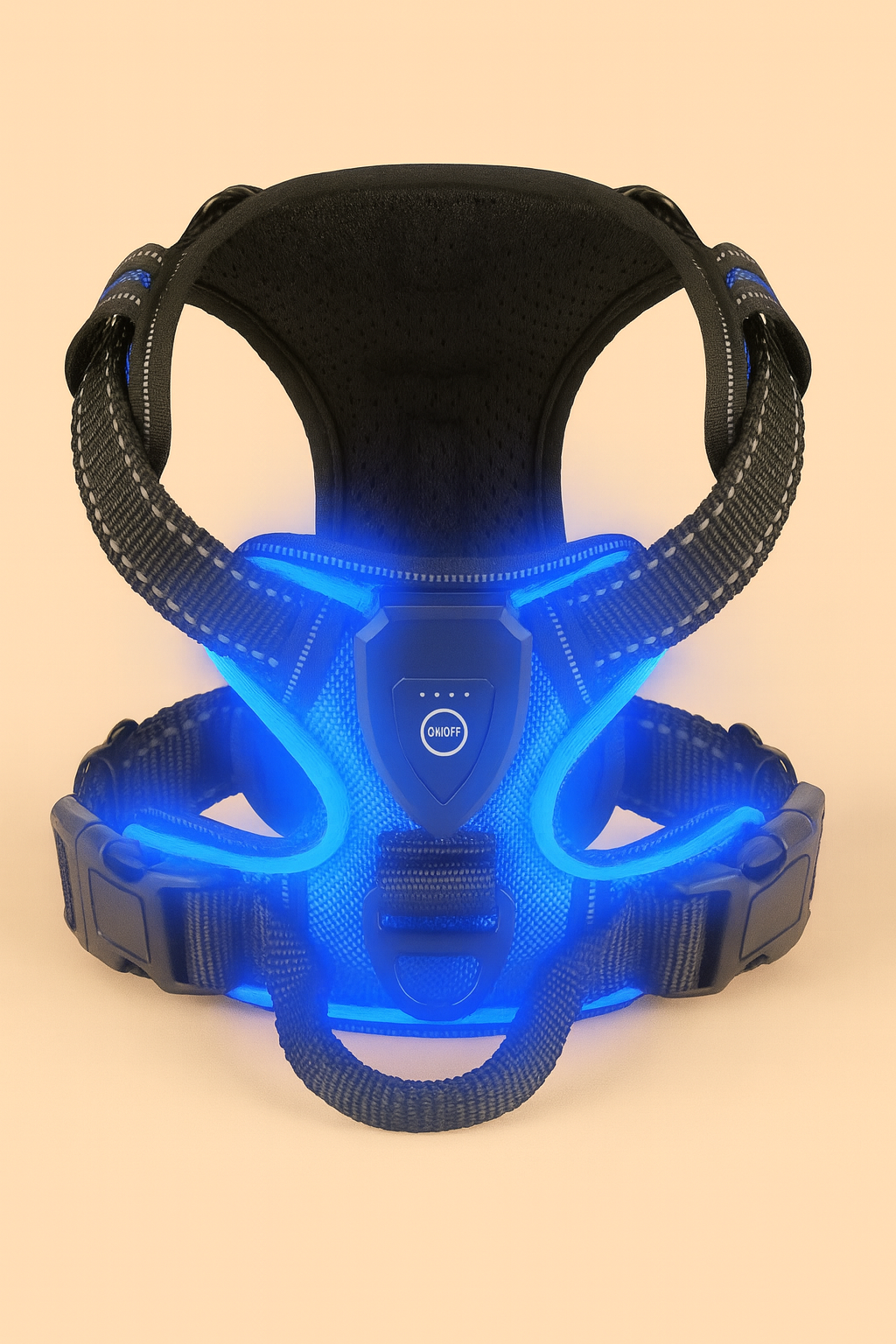 Blue dog harness with blue LED lights on a beige background