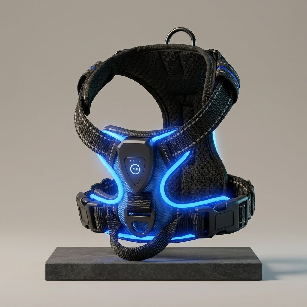 Blue dog harness with blue LED lights on a beige background