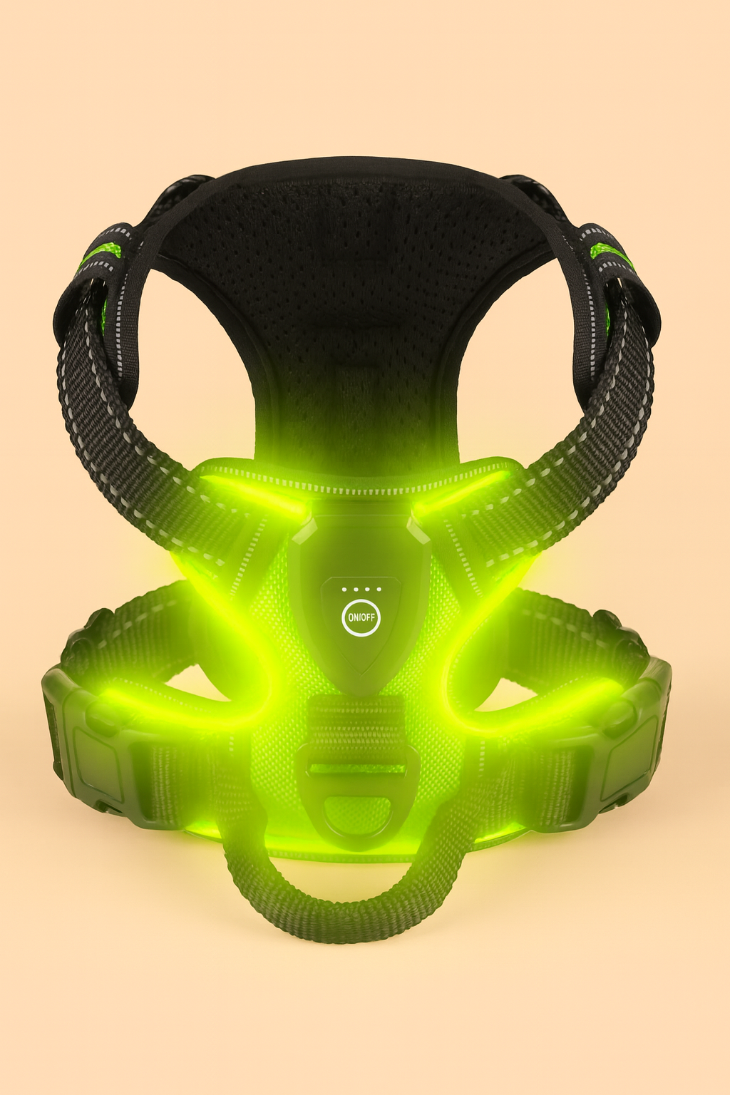 Green LED dog harness on a beige background