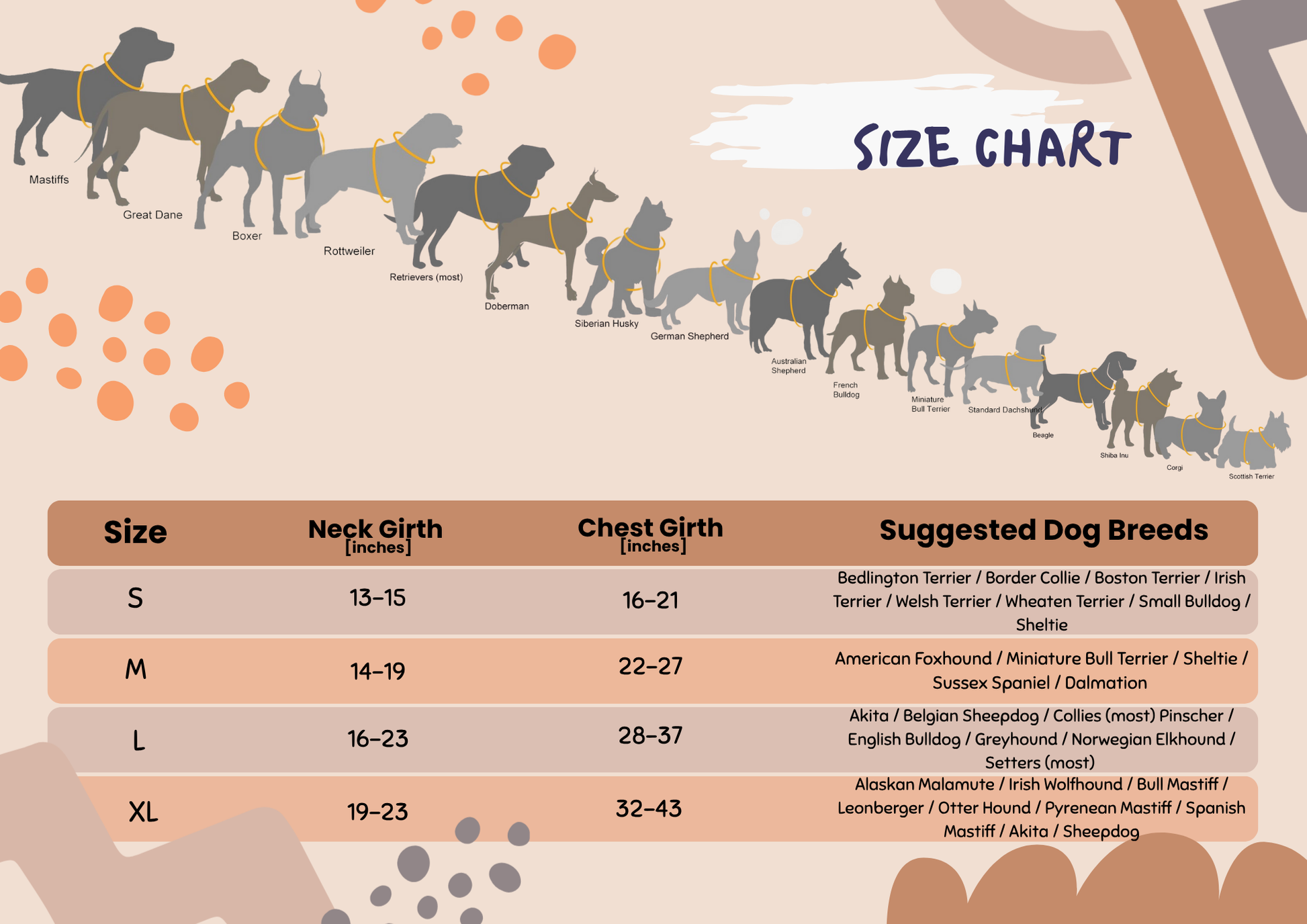 Dog size chart with neck girth, chest girth measurements, and suggested dog breeds on a beige background.