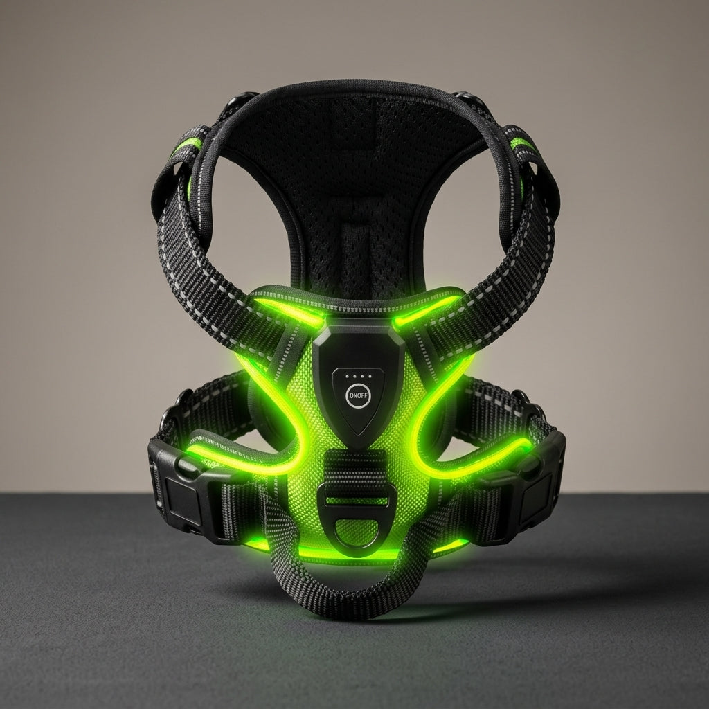 Green LED dog harness on a beige background