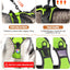 Green dog harness with features highlighted on a gray background