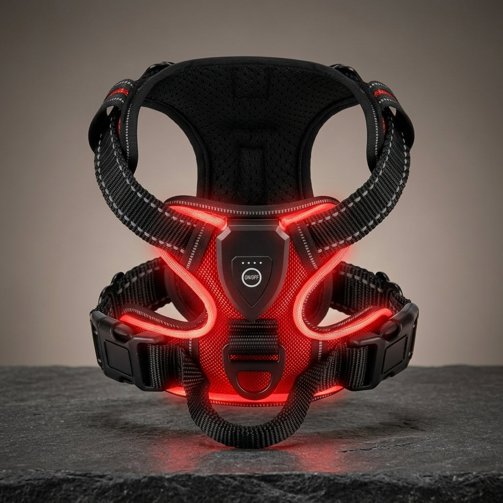 Red dog harness with red LED lights on a beige background