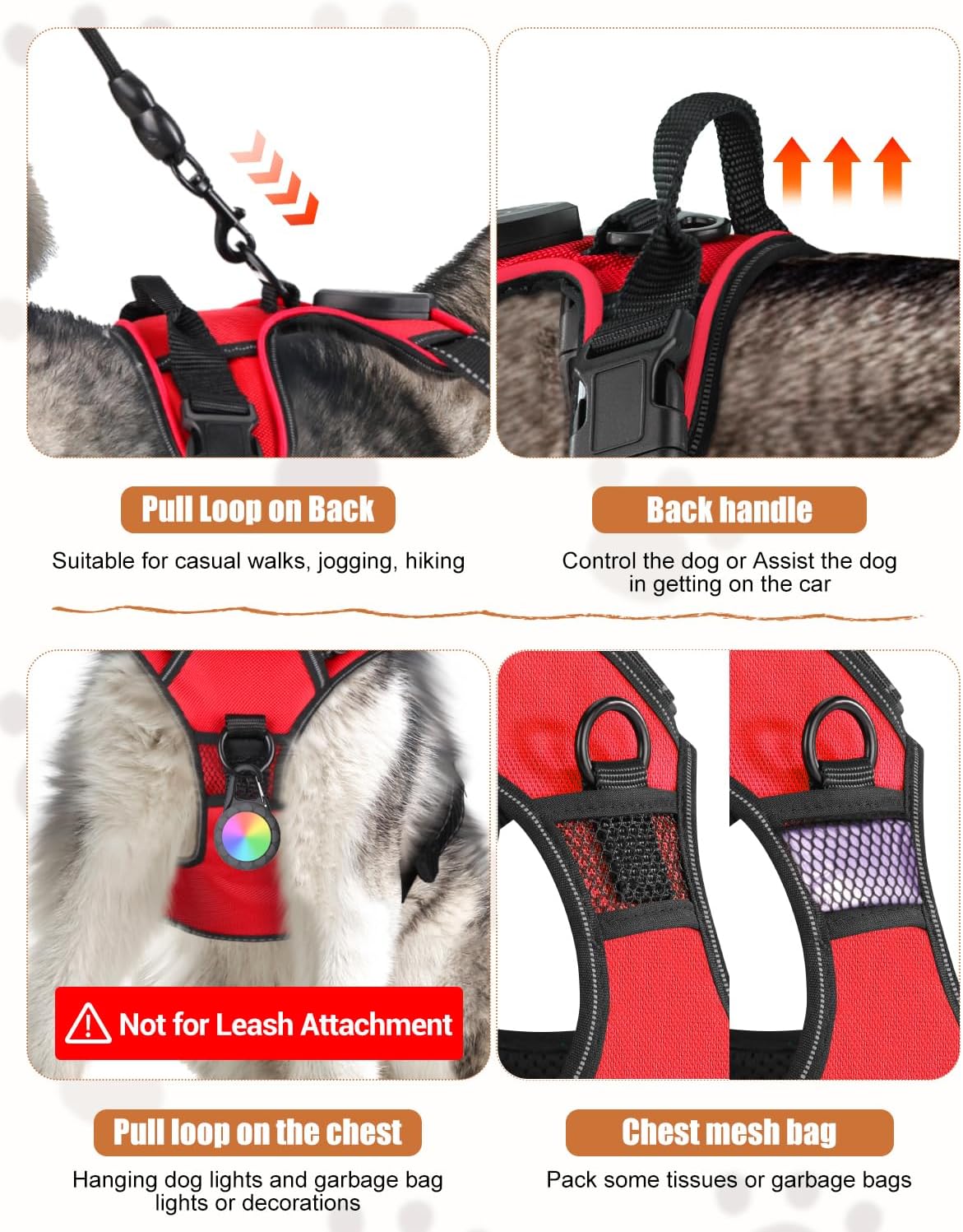 Dog harness with various features highlighted on a gray background