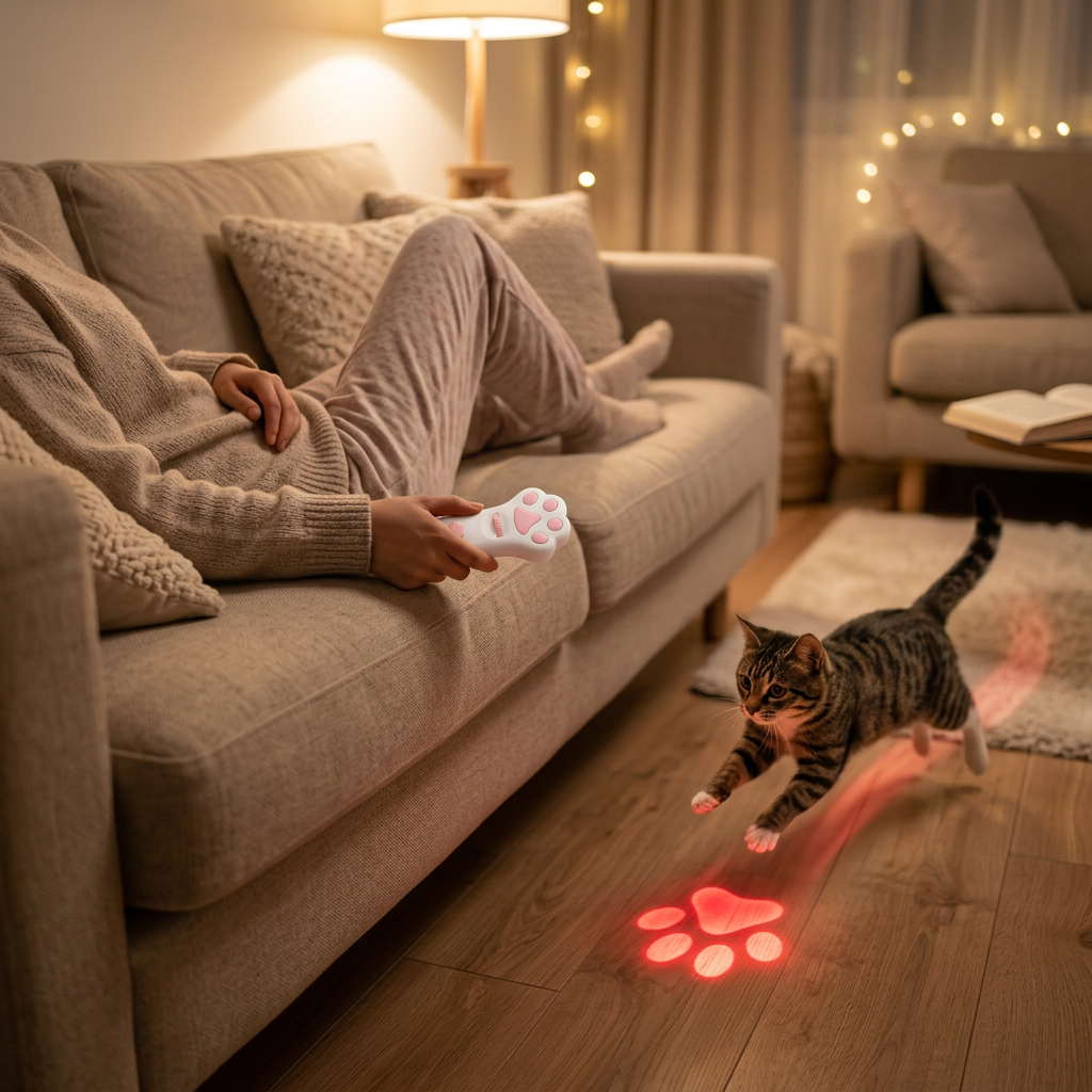 A person lounges on a beige sofa in a cozy living room while holding a white paw-shaped remote. A tabby cat runs across a wooden floor toward a glowing red paw-shaped light projection.