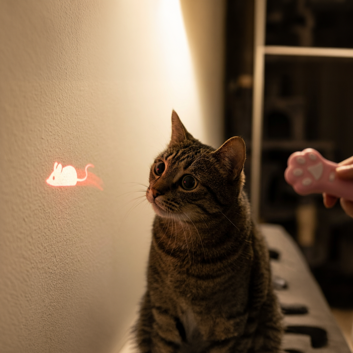 A tabby cat sits indoors looking at a glowing laser mouse on the wall, with a pink paw-shaped toy held near its face on the right.