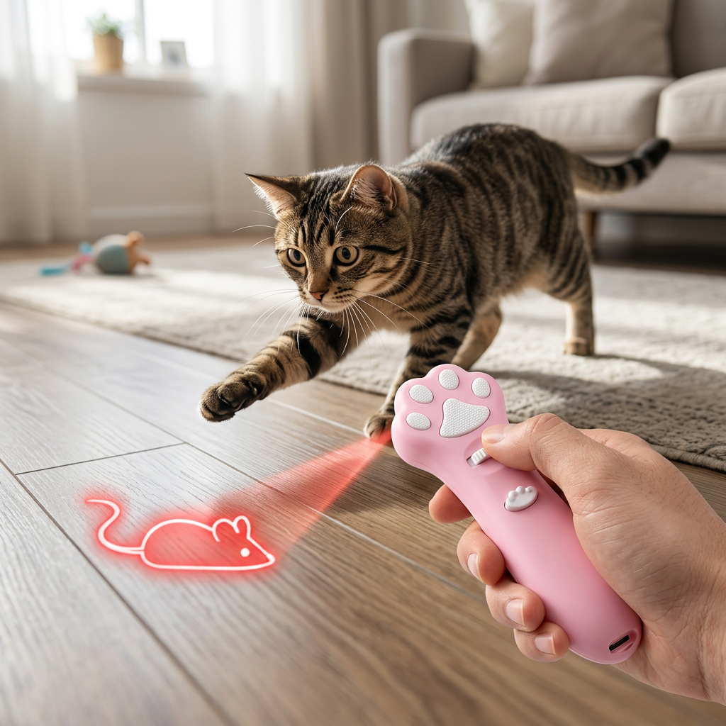 A person holds a pink laser mouse toy, projecting a red laser line and mouse icon on a wooden floor to attract a tabby cat in a living room.