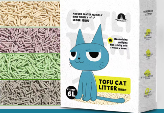 Tofu cat litter packaging with a blue cartoon cat design on a white background