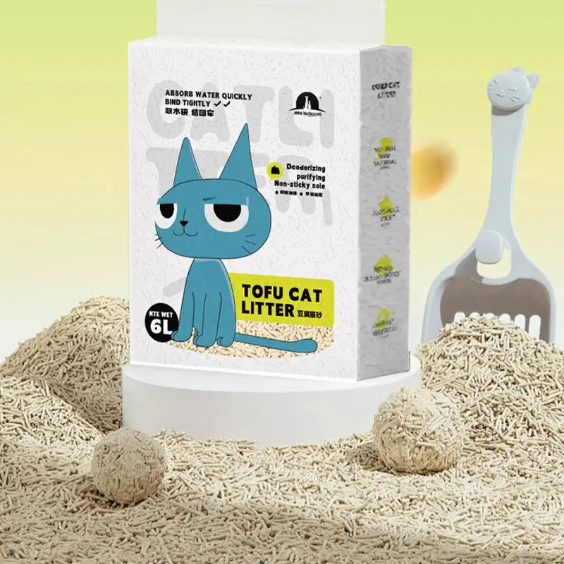 Tofu cat litter packaging with a blue cartoon cat on a light background