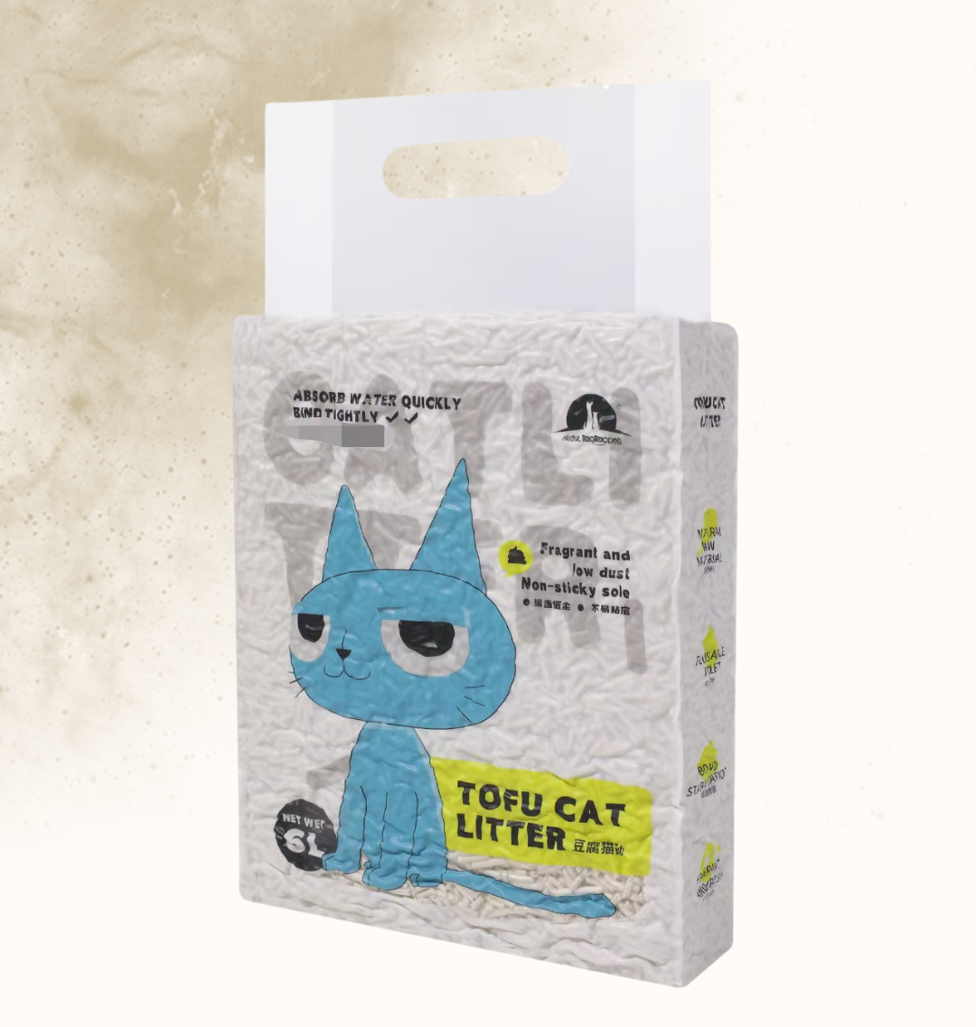 Package of tofu cat litter with a blue cartoon cat design on a textured beige background