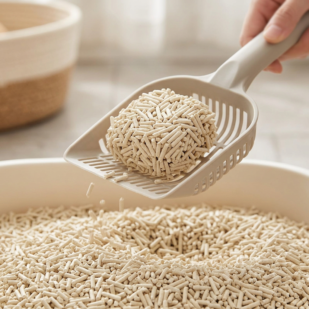 A close-up of a hand holding a beige plastic scoop filled with light beige cat litter above a large bowl of the same litter. The background is softly blurred, with a small woven basket visible on the left.
