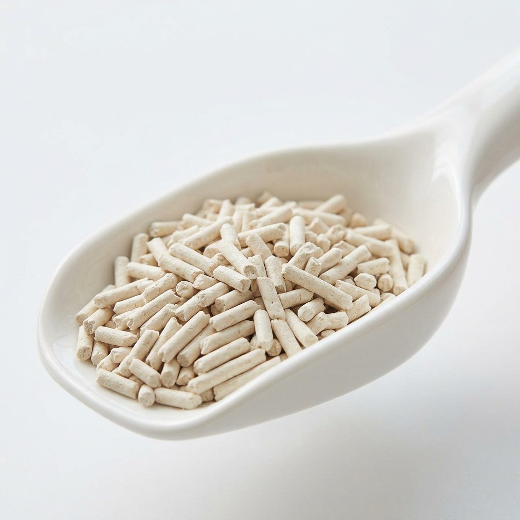 Light beige cylindrical pellets, likely wood-based biomass fuel or coffee grounds, piled in a white ceramic spoon against a clean white background.