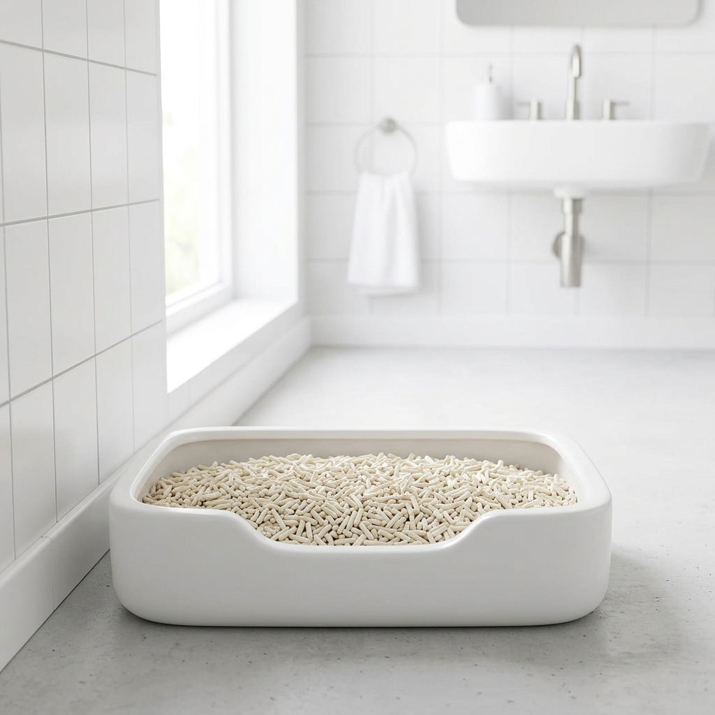 A white rectangular litter box filled with light beige cat litter, placed on a grey floor in a bright, white-tiled bathroom.