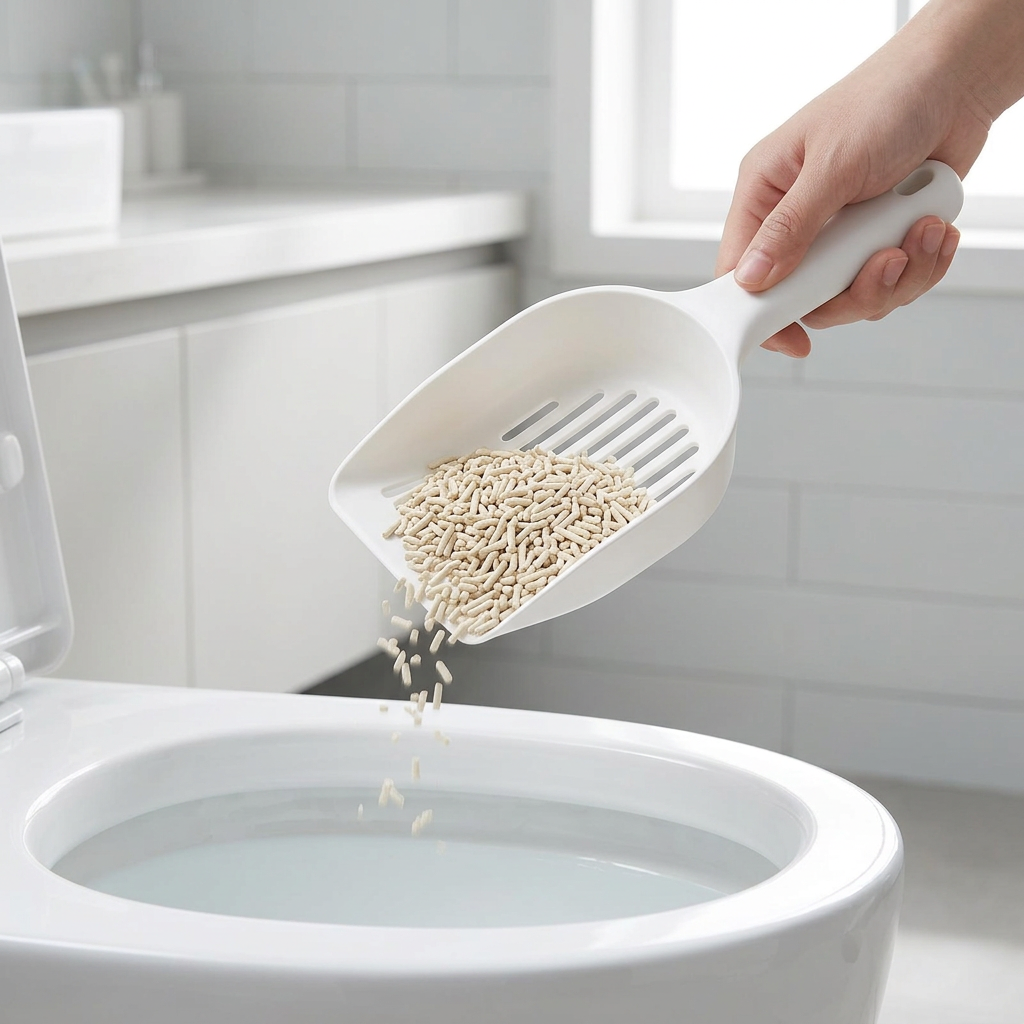 A hand holds a white plastic litter scoop filled with cat litter above a white toilet in a bright bathroom setting.