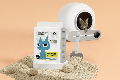 Tofu cat litter packaging with a blue cartoon cat on a light background
