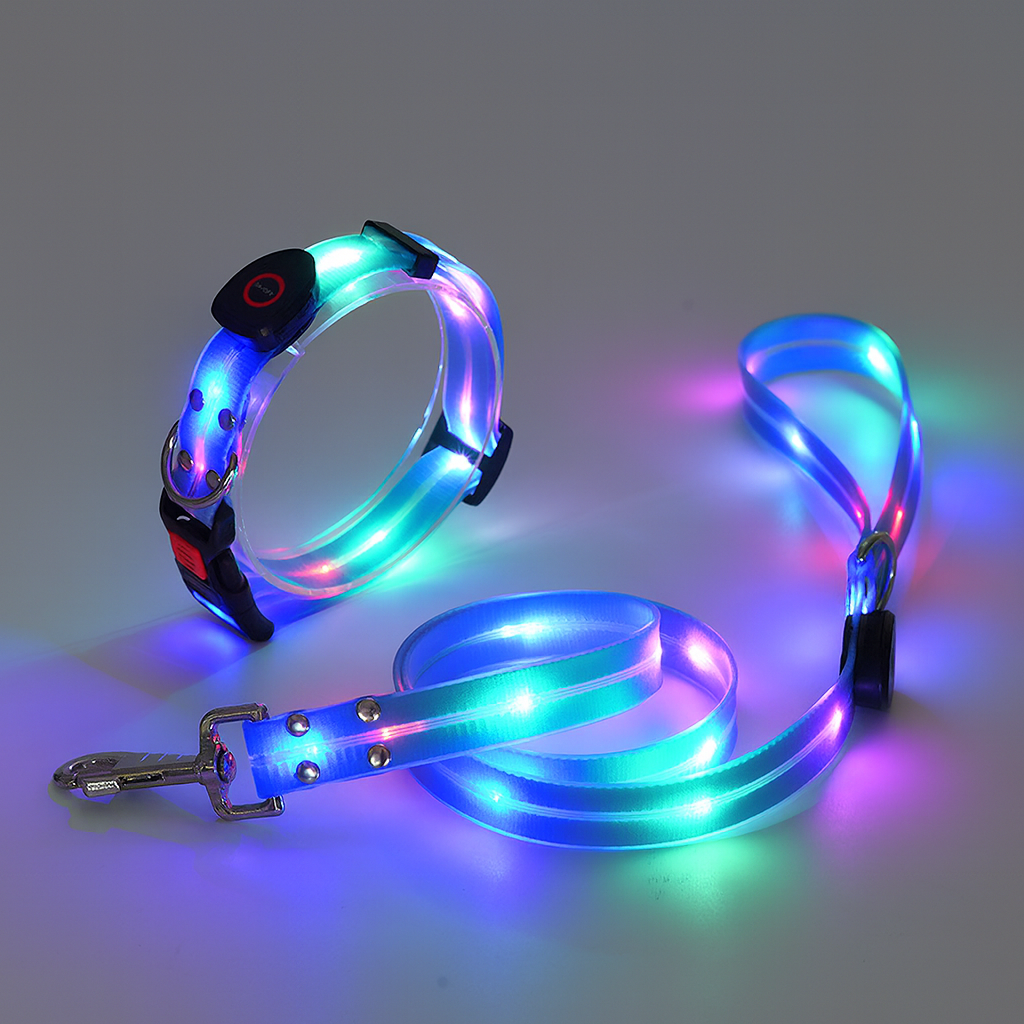 PetNex Blue LED dog collar and leash set on a dark background