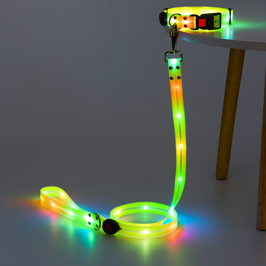Glowing LED dog collar and leash on a grey background