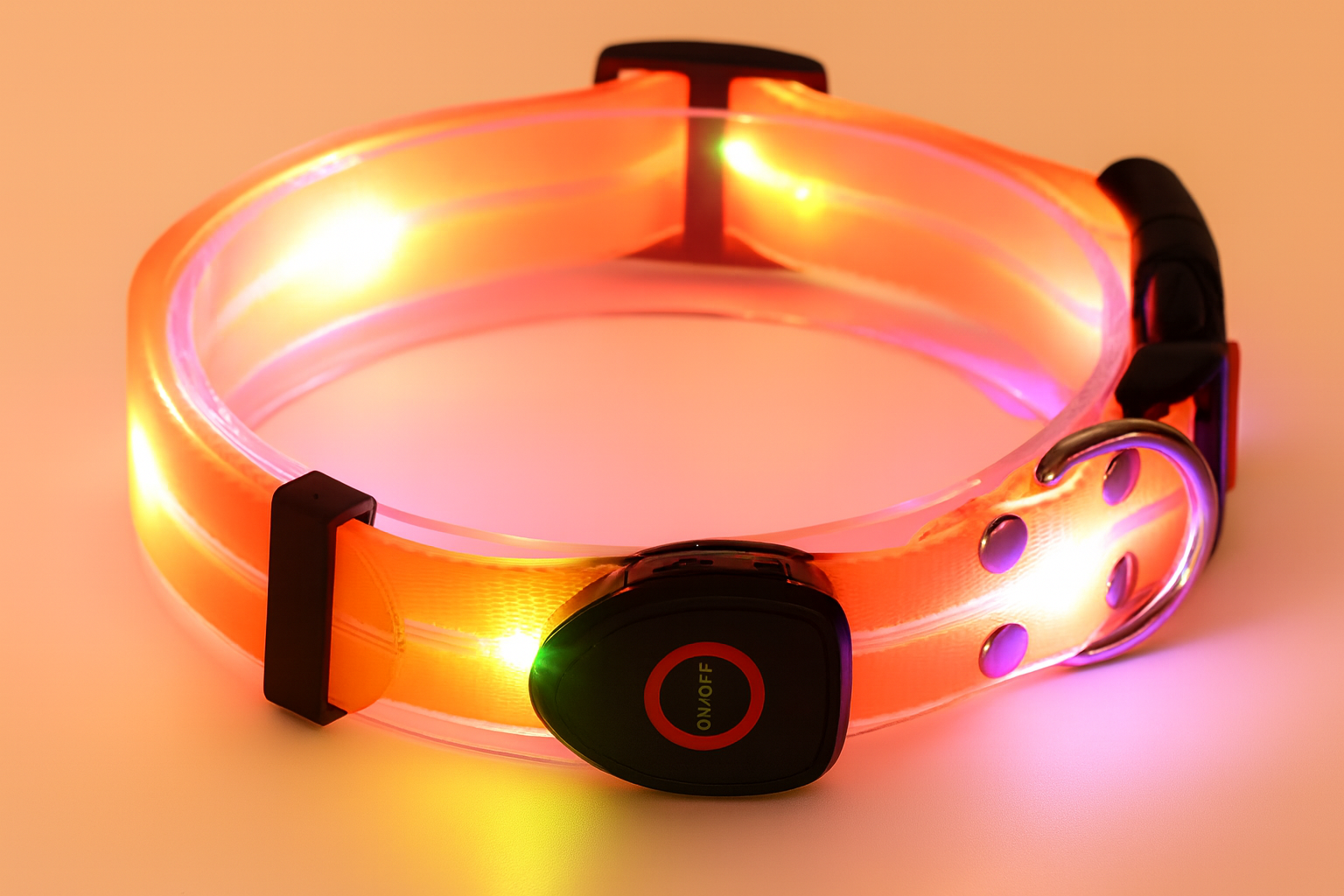 PetNex Orange LED dog collar glowing on a plain background