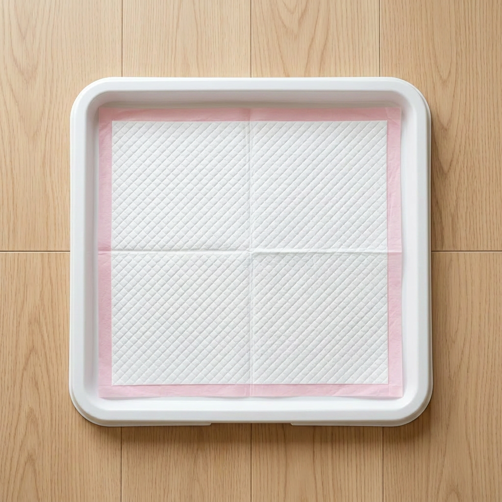 A square white plastic tray containing a white absorbent pad with a pink border, placed on a light wood floor.
