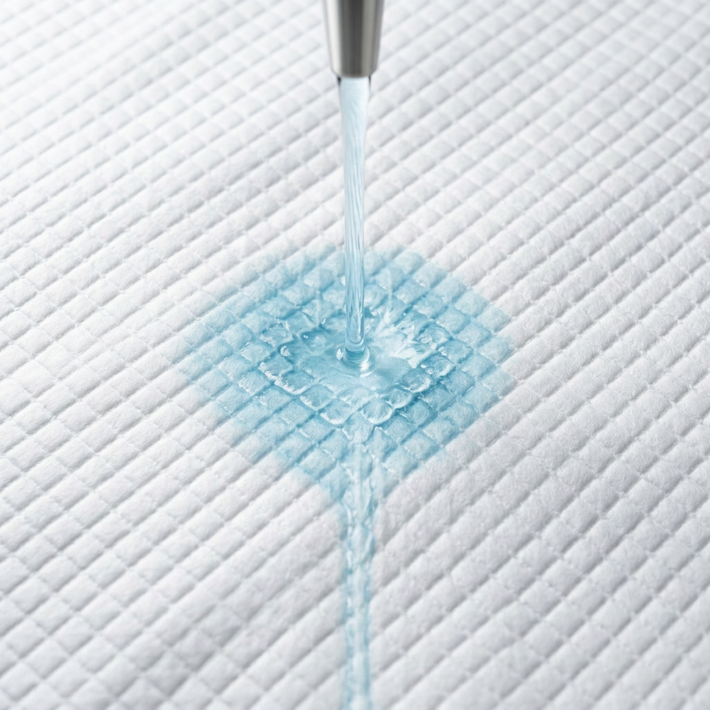 A close-up of a white quilted diaper or pad with a light blue liquid being absorbed from a faucet stream.