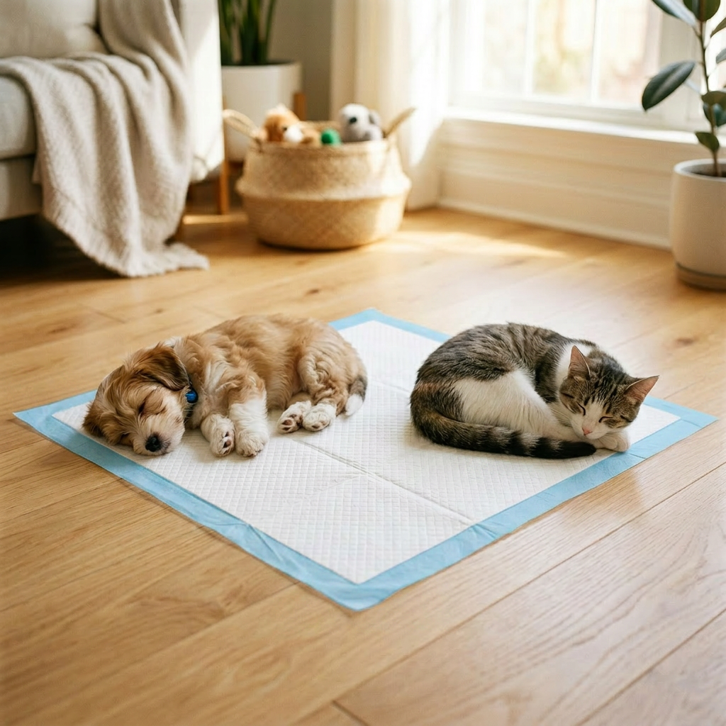 A dog and a cat sleep on a white pet training mat with a light blue border on a wooden floor in a bright room.