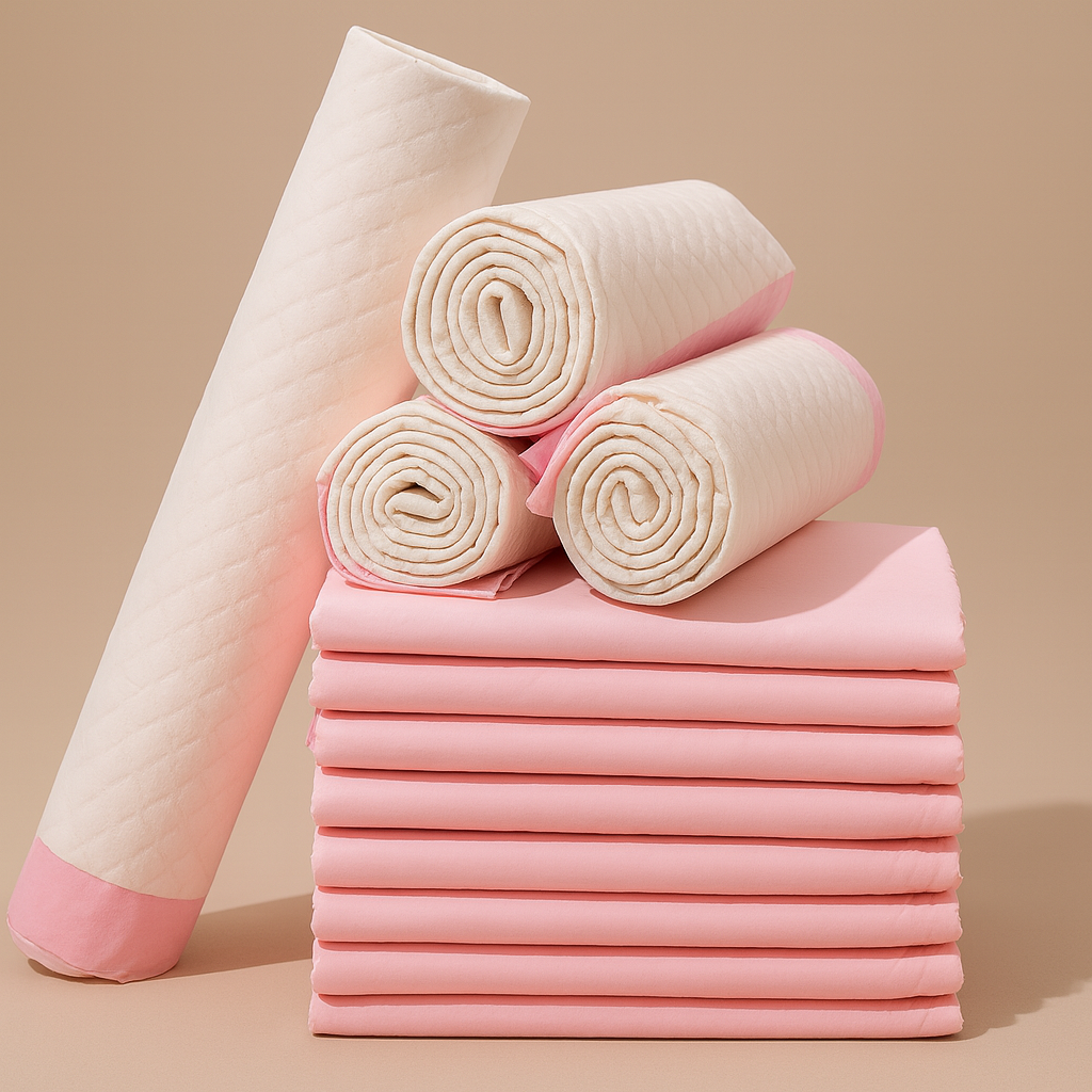 Stack of pink and beige folded and rolled blankets on a beige background