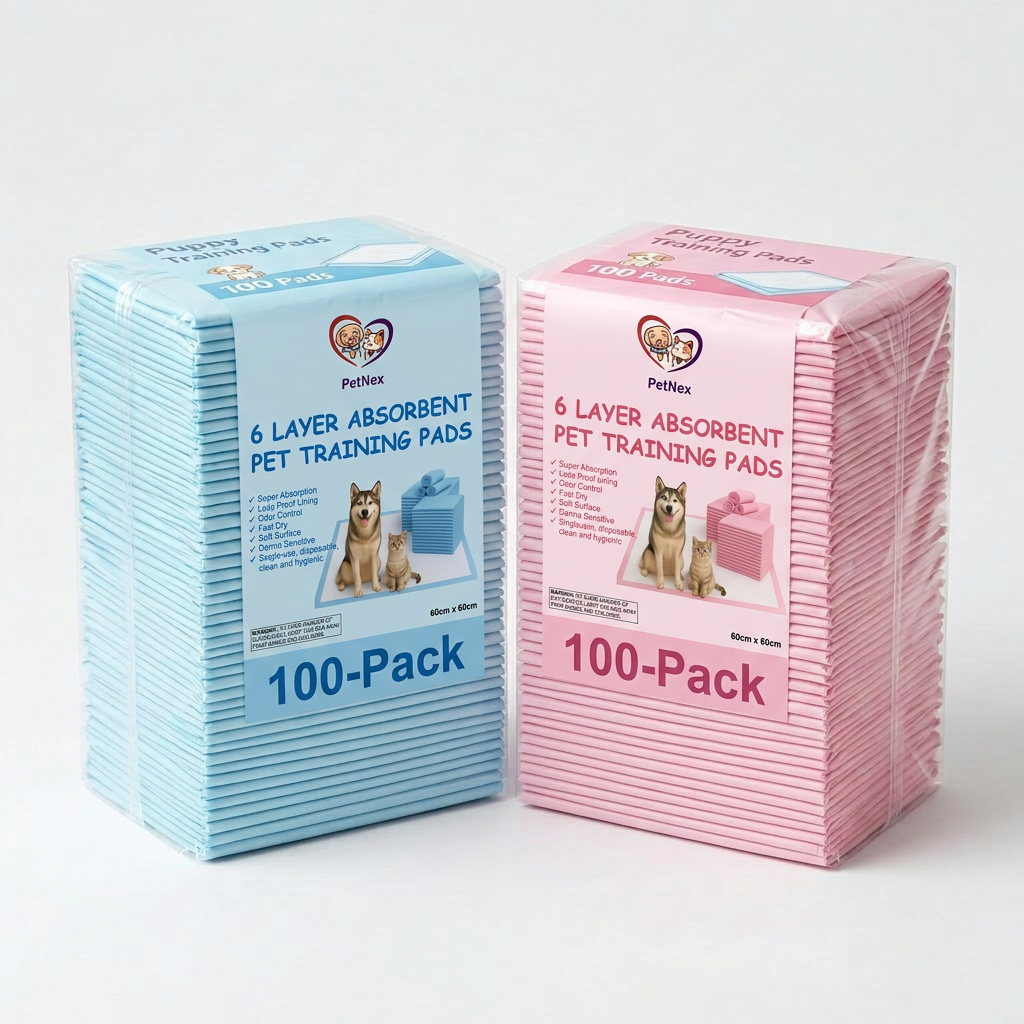 Two stacks of Petfix 6-layer absorbent pet training pads in 100-count packs, shown in light blue and light pink colors in a clean studio setting.