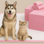 Dog and cat on a pink mat with stacks of additional mats behind them