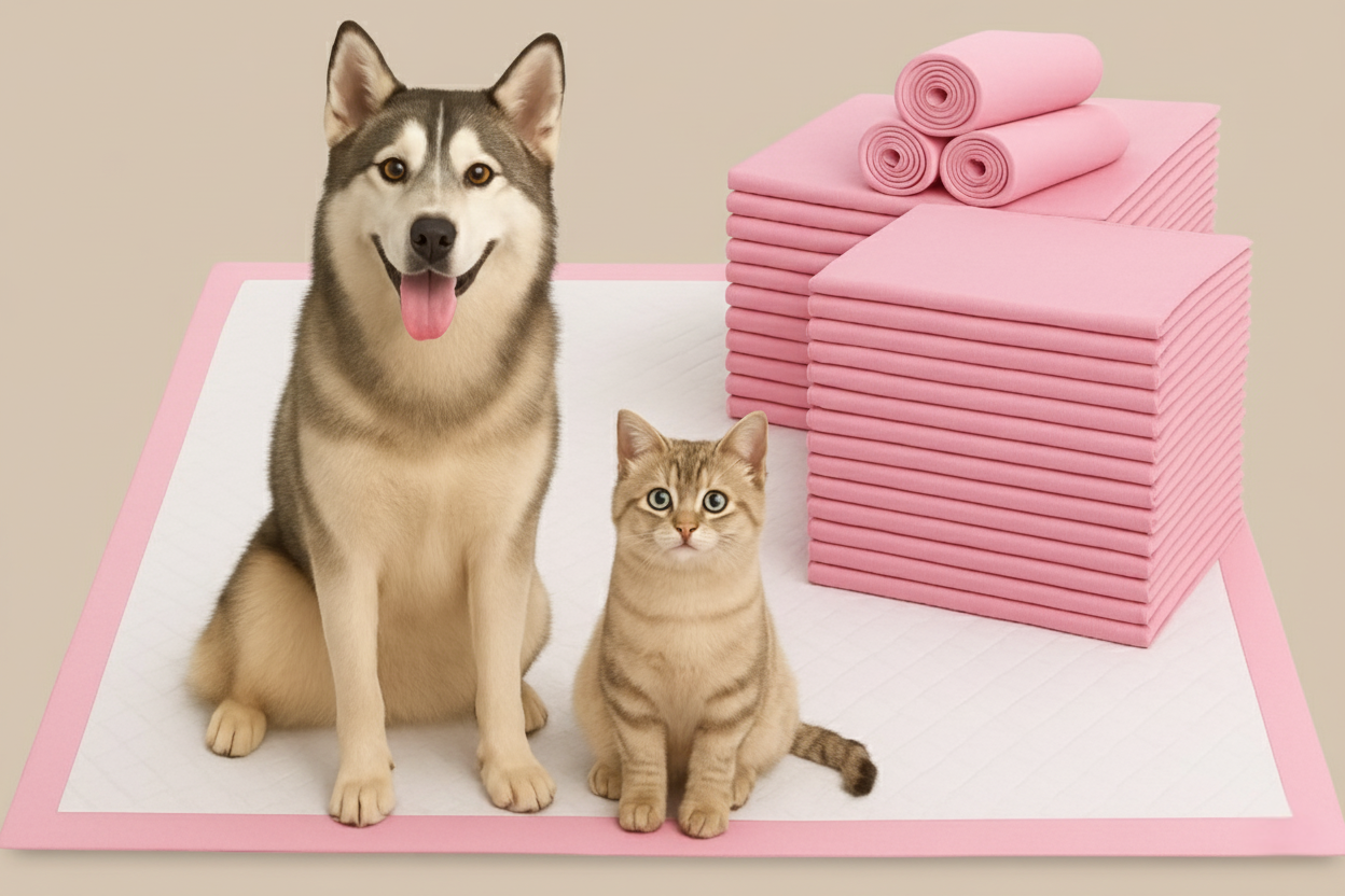 Dog and cat on a pink mat with stacks of additional mats behind them