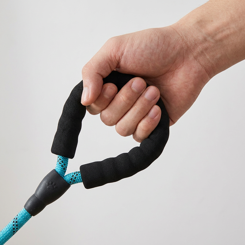 A close-up of a person's hand gripping a black foam resistance band handle with a bright blue elastic cord against a light grey background. Hand gripping the neoprene-padded handle of the PetNex reflective dog leash | petnex.com.au