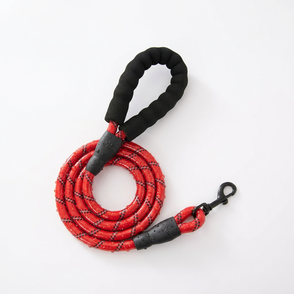 A red and black braided rope leash with a black foam handle and black metal clasp, photographed on a clean white background. Water droplets beading on the weather-resistant PVC-coated PetNex reflective dog leash | petnex.com.au