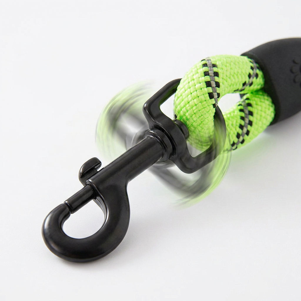 A close-up of a black metal swivel snap hook attached to a bright neon green braided rope leash with black stitching, on a clean white background.