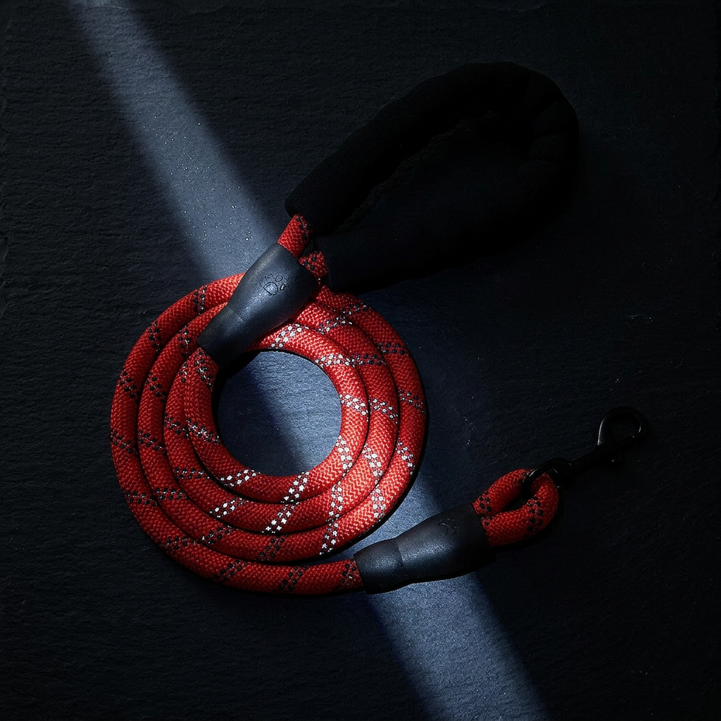 A coiled red and black braided rope leash with black padded handles and a black metal clip, photographed on a dark textured surface with dramatic diagonal lighting.