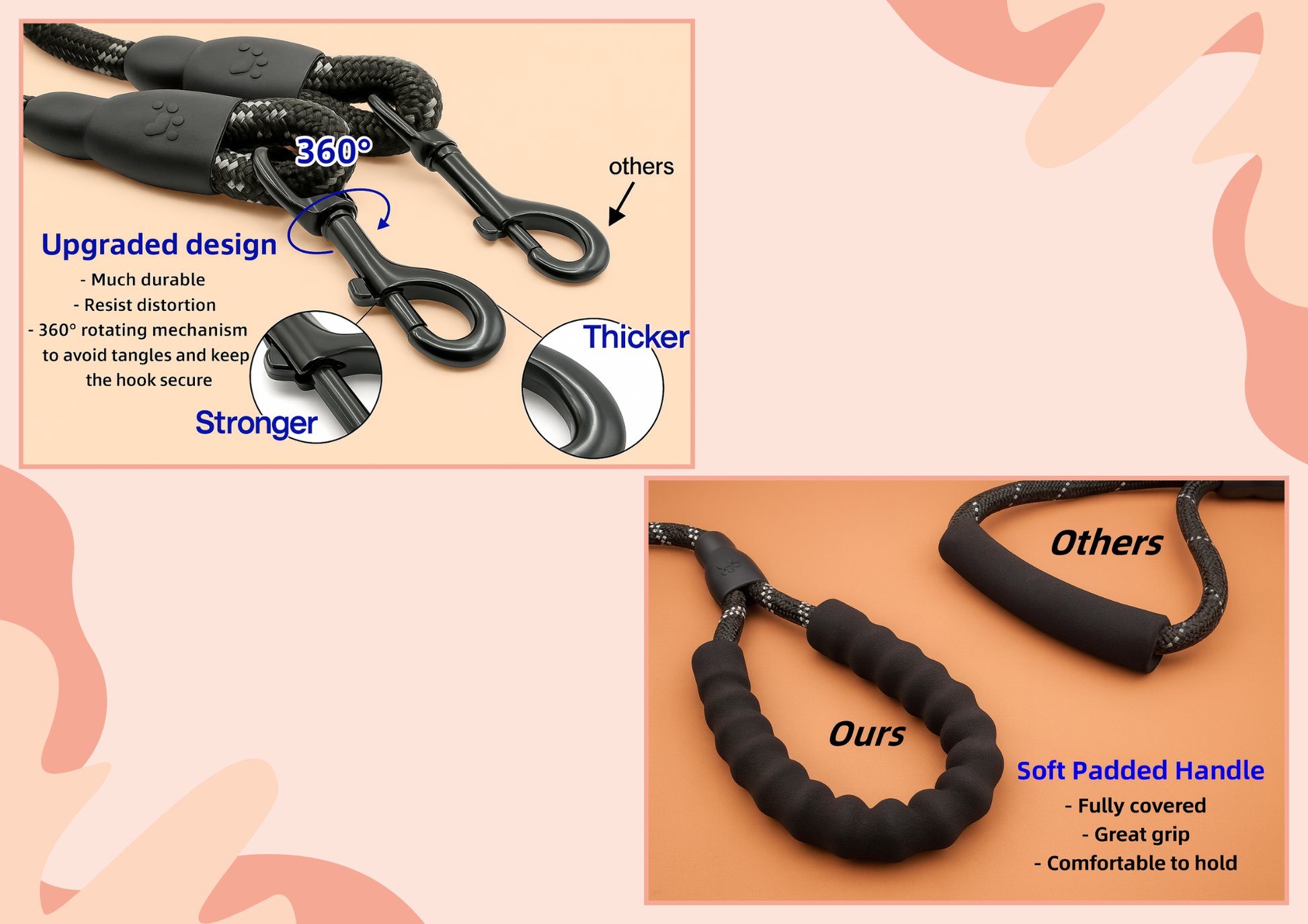 Black dog leashes with upgraded design features on a beige background