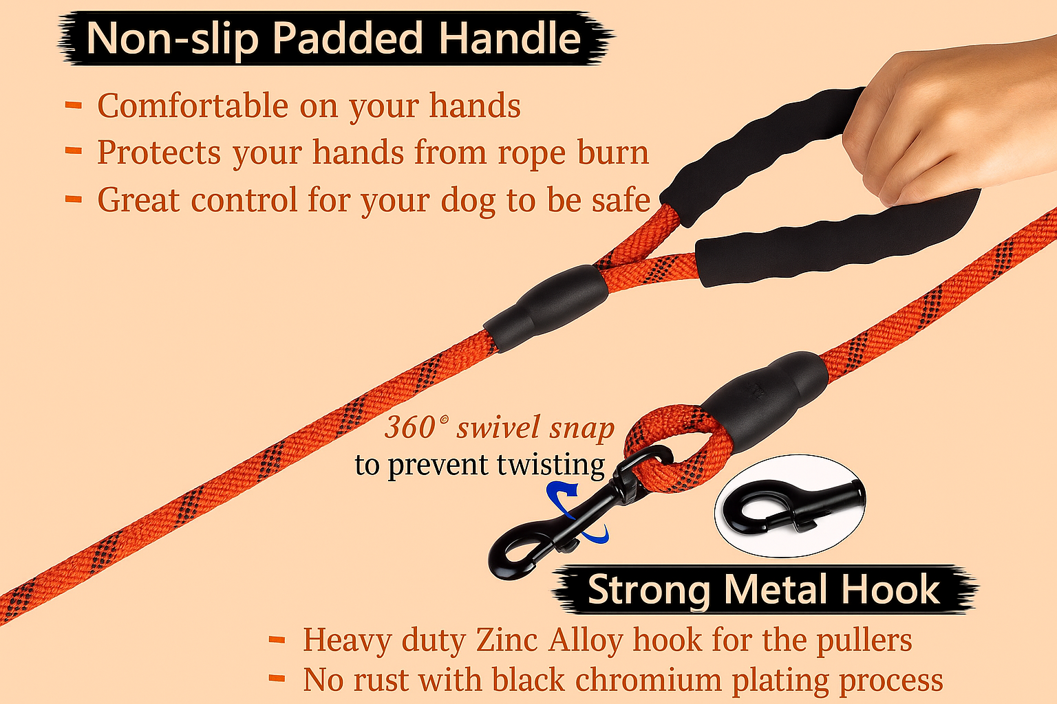 Dog leash with non-slip padded handle and metal hook on a beige background