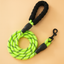 Neon green dog leash with black handle and clip on a beige background