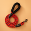 Red and black braided dog leash on a beige background