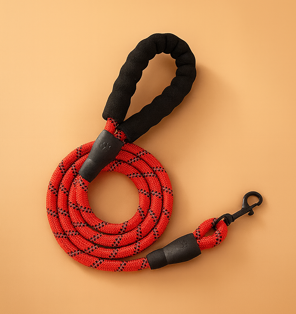 Red and black braided dog leash on a beige background