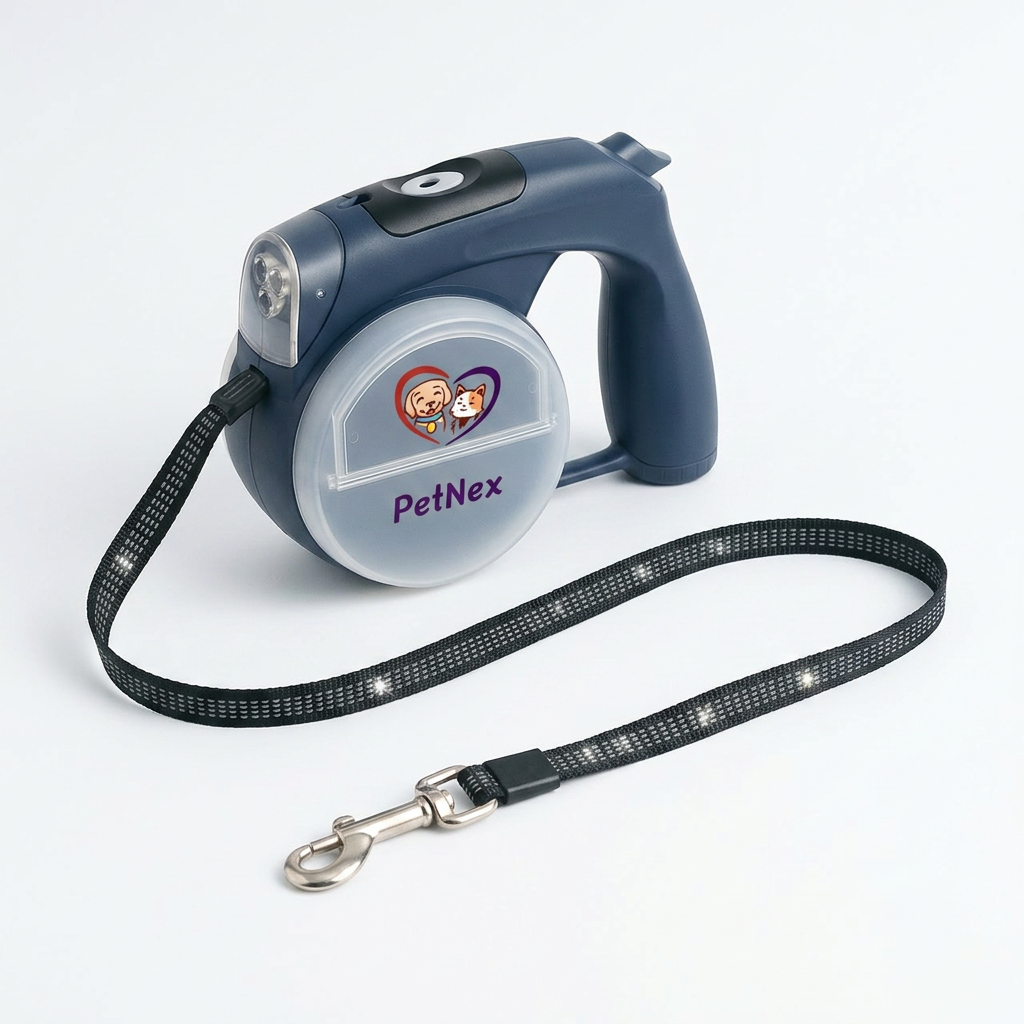 A PetNex retractable dog leash with a dark blue handle, a clear plastic spool, and a black LED-lit strap with a silver metal clasp, shown on a white background.