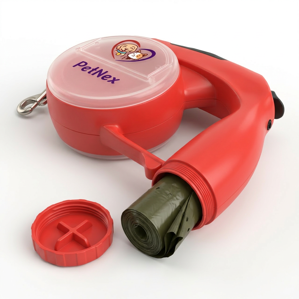 A red PetNex pet waste bag dispenser with a clear lid, shown with a dark green bag partially ejected and its red cap removed, on a white background.